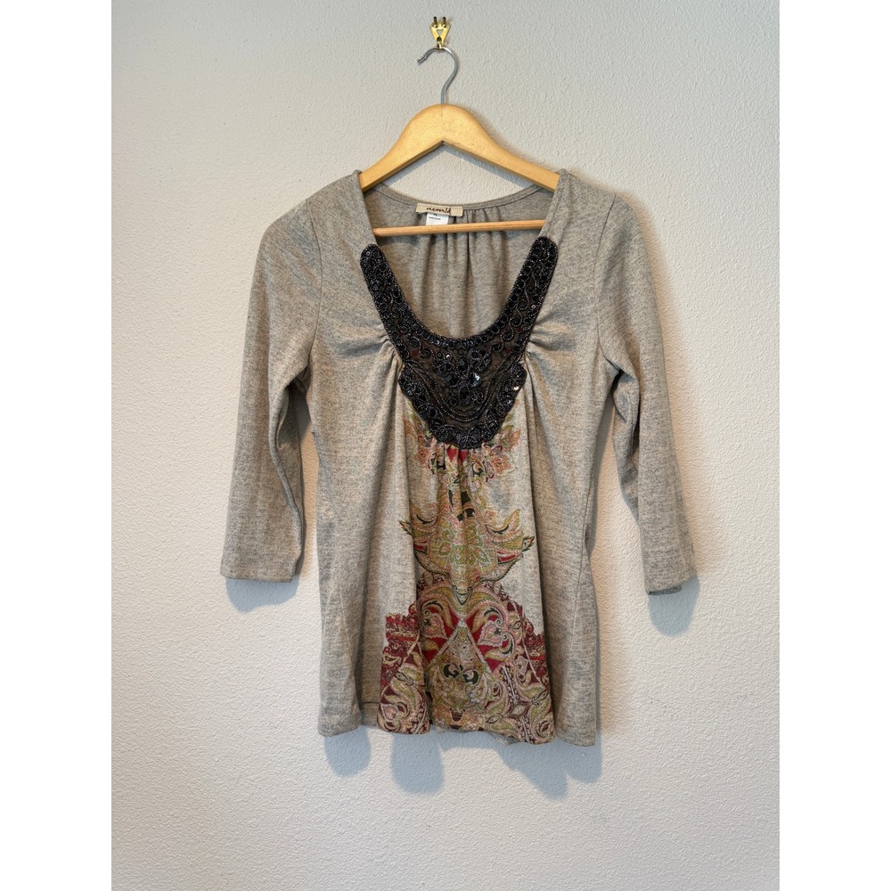 One World Womens Gray Beaded Sequin Paisley Tunic Top 3/4 Sleeve PL Petite Large